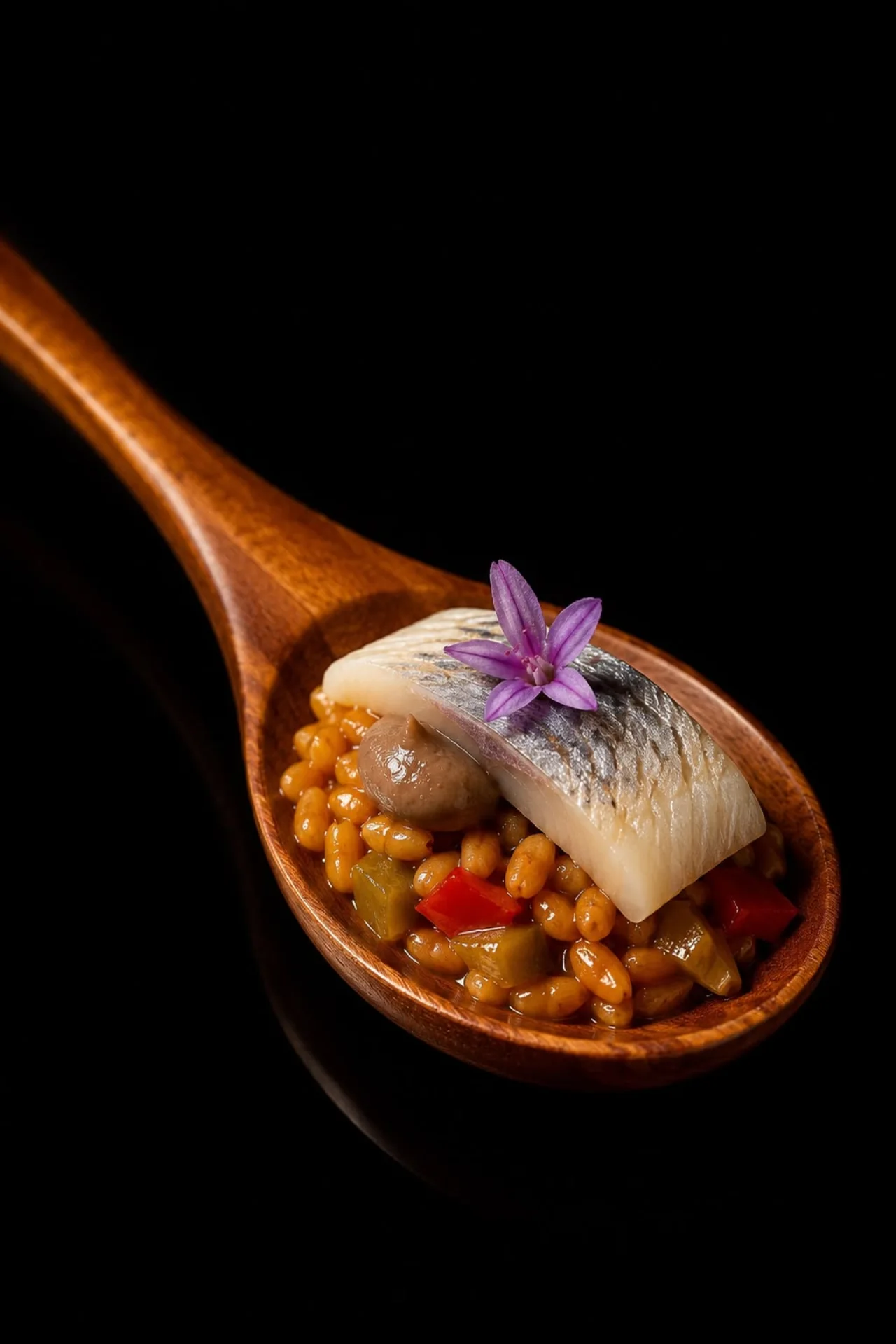 Bocado de pescado y verduras presentado sobre una cuchara de madera
